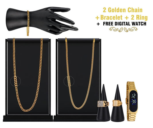 Combo of 2 Chain + 1 Bracelet + 2 Ring with 1 Free Digital Watch - Luxury Ways
