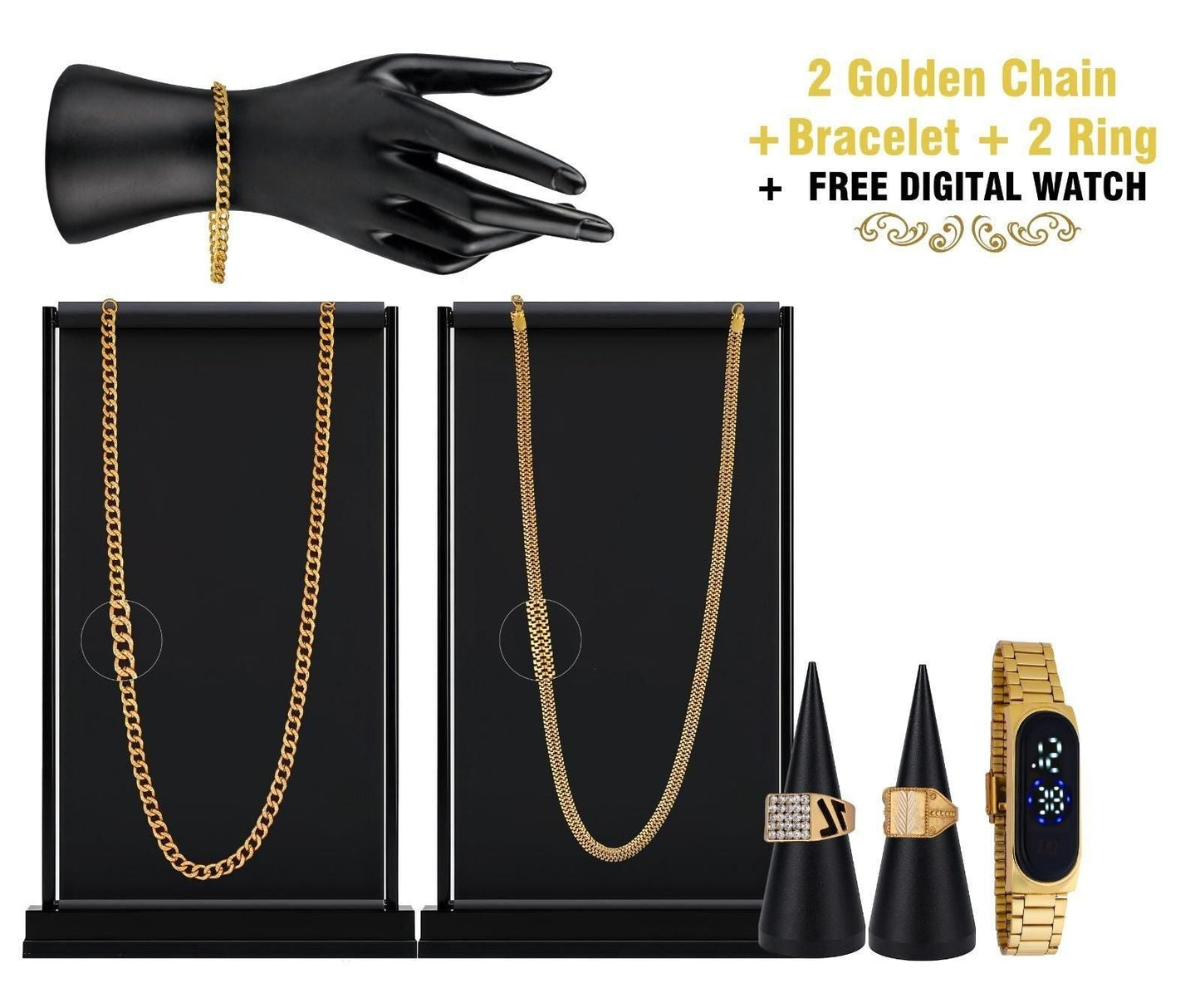 Combo of 2 Chain + 1 Bracelet + 2 Ring with 1 Free Digital Watch - Luxury Ways