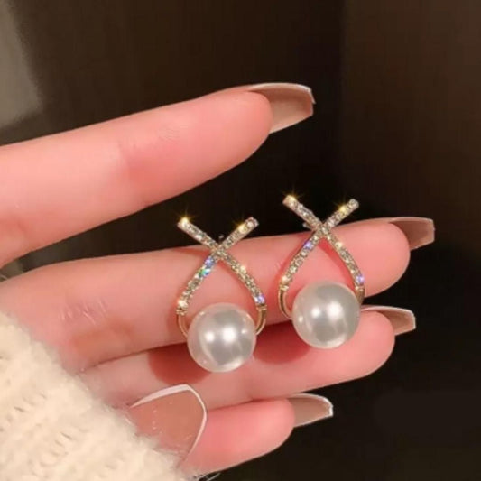 Korean Studded Cross Pearl Stud Earrings - Luxury Ways