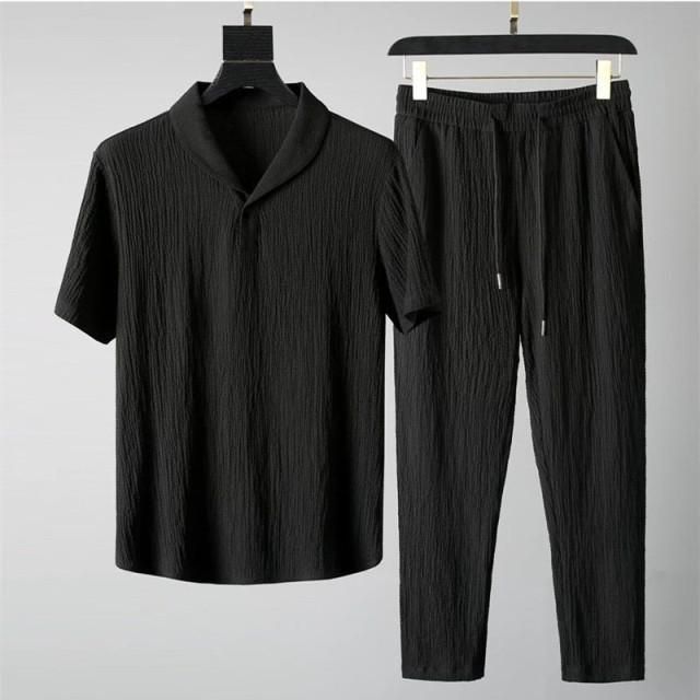Men's Crinkled Co - Ord Set Black - Luxury Ways