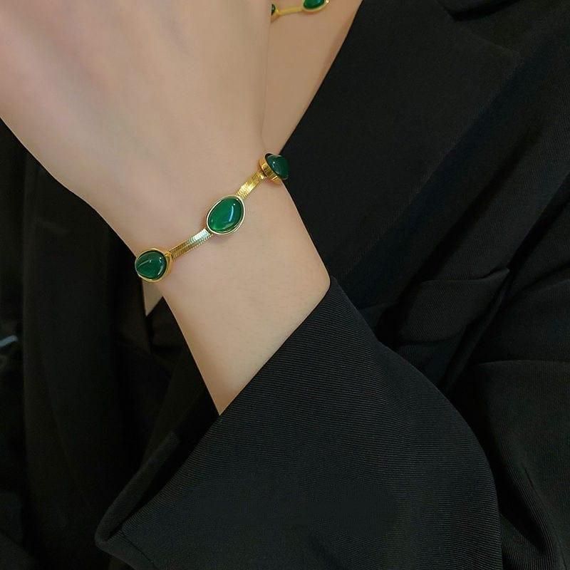 Oval Green Crystal Pendant Necklace Set With Bracelet - Luxury Ways