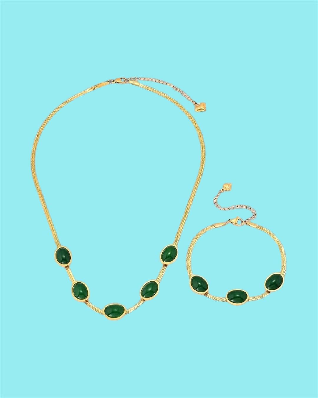 Oval Green Crystal Pendant Necklace Set With Bracelet - Luxury Ways