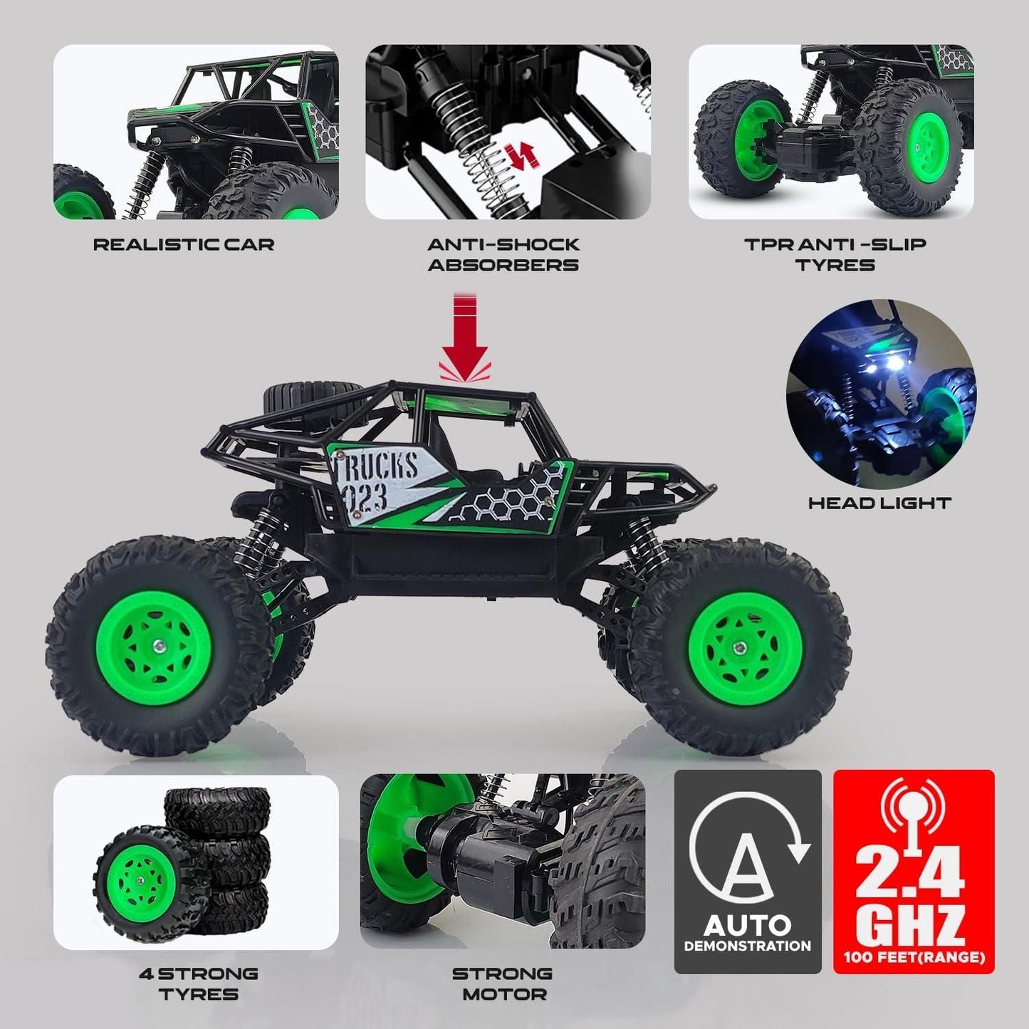 Rechargeable Rock Crawling 2WD 2.4 Ghz 4x4 Rally Car Remote Control Monster Truck (Green) - Luxury Ways