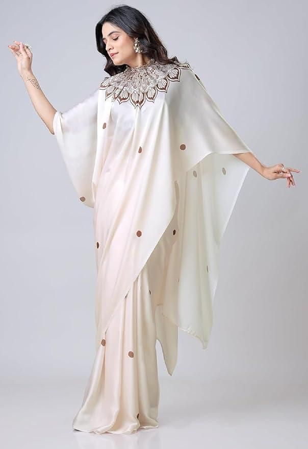 Satin Silk Printed Kaftan Saree With Unstitched Blouse - Luxury Ways