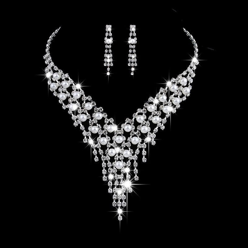 Wholesale fashion OL bridal jewelry set, claw chain earrings, Pearl Rhinestone Necklace 465 - Luxury Ways