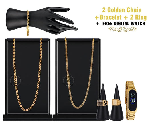 Combo of 2 Chain + 1 Bracelet + 2 Ring with 1 Free Digital Watch - Luxury Ways