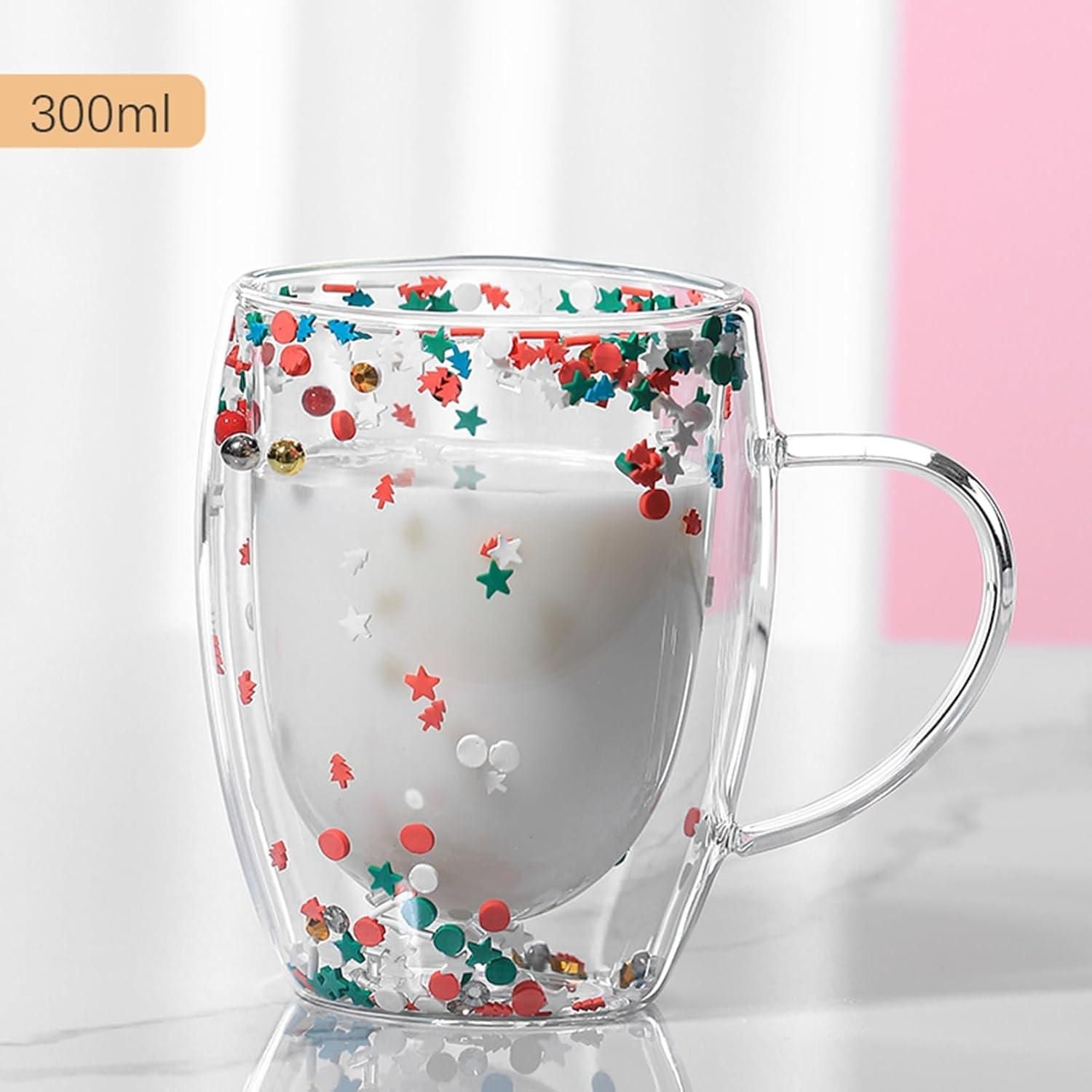 Double Walled Glass Mugs, 350ml Double Walled Star Coffee Mug, Insulated Floral Glass Mug - Luxury Ways