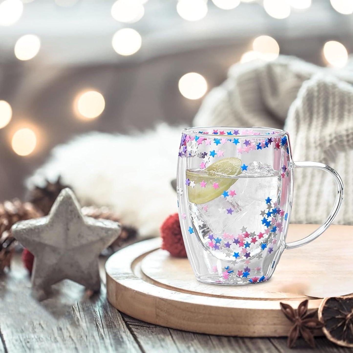 Double Walled Glass Mugs, 350ml Double Walled Star Coffee Mug, Insulated Floral Glass Mug - Luxury Ways
