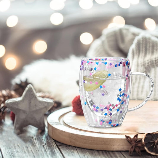 Double Walled Glass Mugs, 350ml Double Walled Star Coffee Mug, Insulated Floral Glass Mug - Luxury Ways