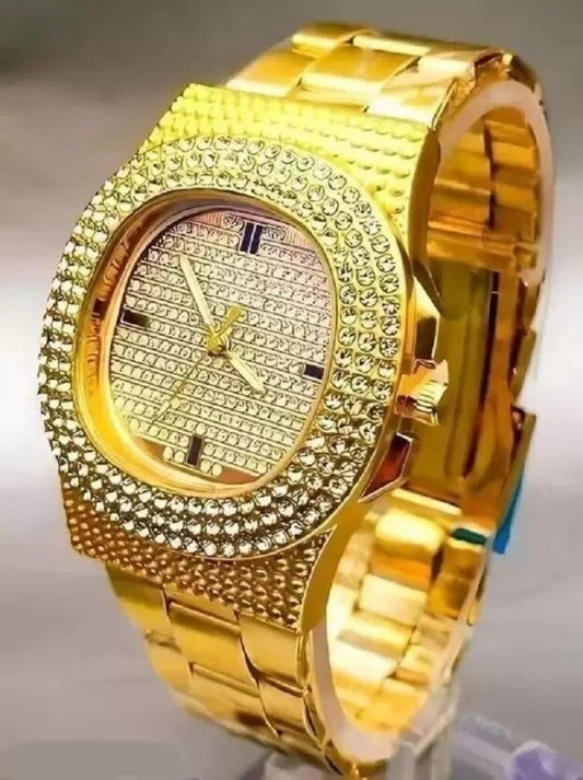 Golden Stone Studded Diamond Wrist Watch For Boys & Men - Luxury Ways